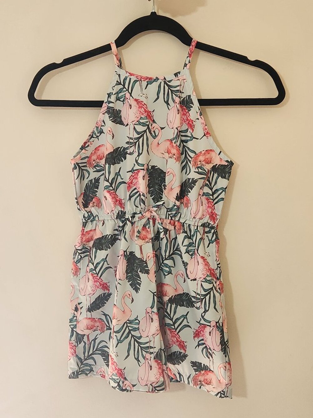 Girls 8Y Tie Waist Flamingo & Tropical Print Cami Romper